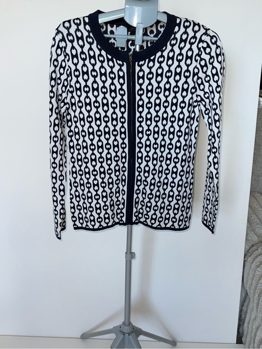 Grace Knit Dressing Royal & White Geometric Zip Cardigan Jacket Medium